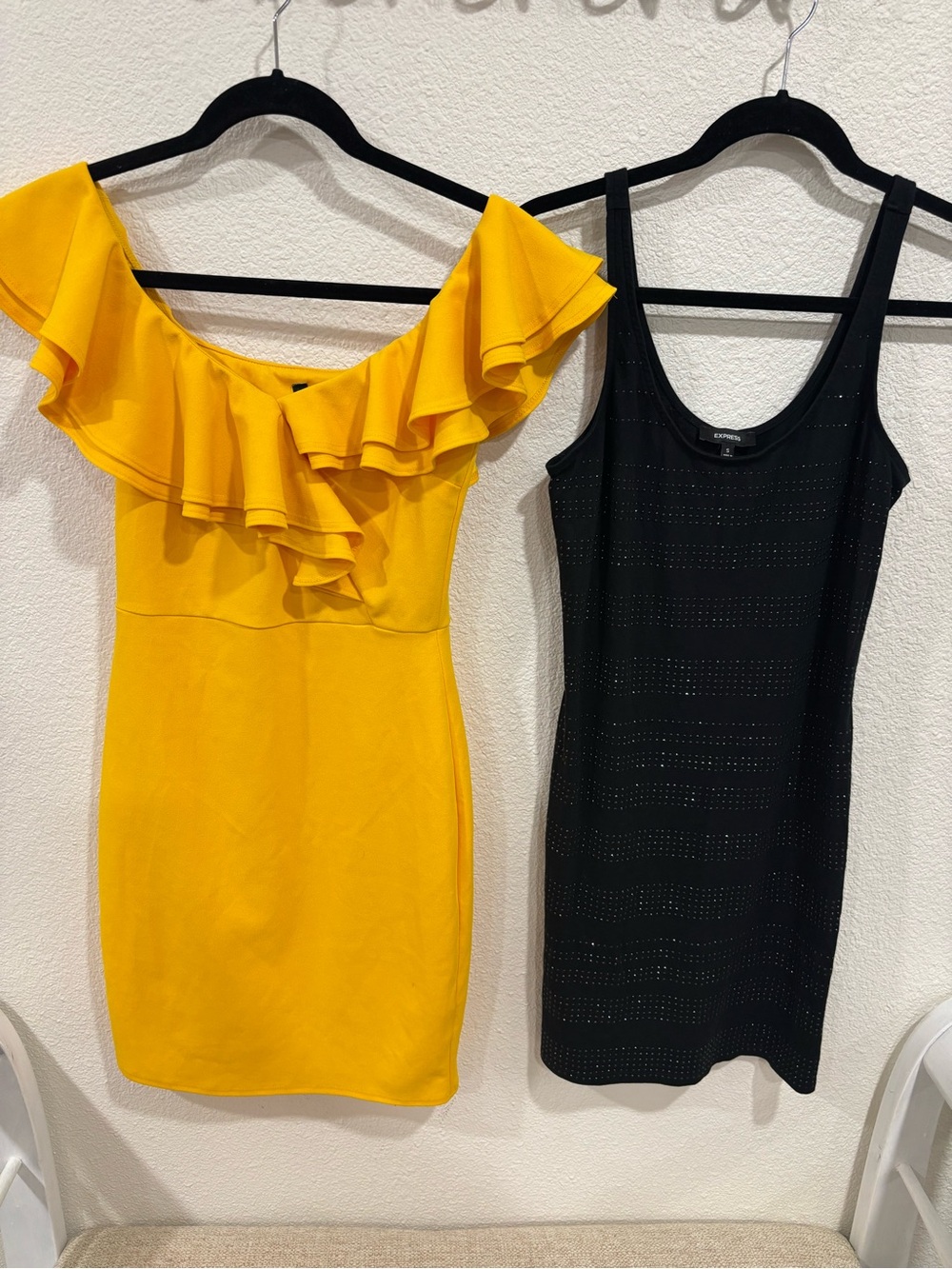 2 Dresses - Off Shoulder Ruffle Top Yellow Form Fitting & Express Short Studded
